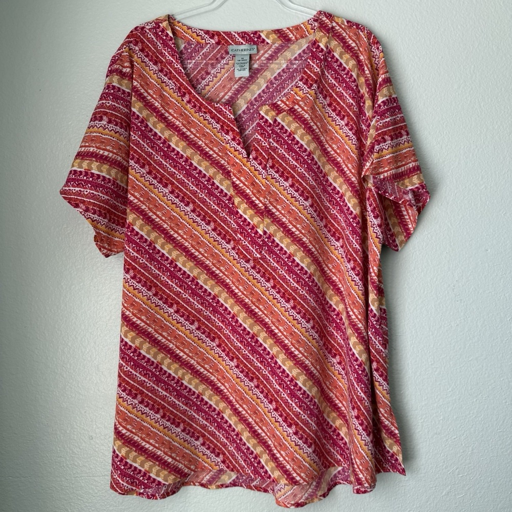 Catherines blouse 1X Pink Orange light flowy Vacation Resortwear Cruise